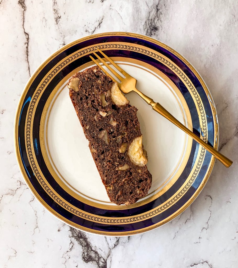 Slice of chocolate banana bread on the plate